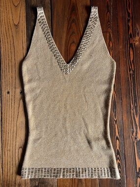 LE CHATEAU • gold knit tank top metallic V-neck sleeveless dressy Y2K chic glam